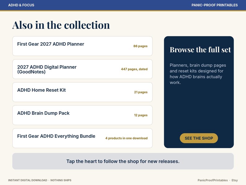 May include: A digital product collection menu titled Also in the collection, listing First Gear 2027 ADHD Planner, 2027 ADHD Digital Planner, ADHD Home Reset Kit, ADHD Brain Dump Pack, and First Gear ADHD Everything Bundle with page counts.