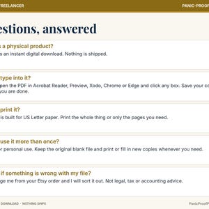 May include: An informational graphic titled Questions, answered with a gold header and footer. It lists five FAQs about a digital download, including instructions on typing into PDFs, printing on US Letter paper, and personal use policies.