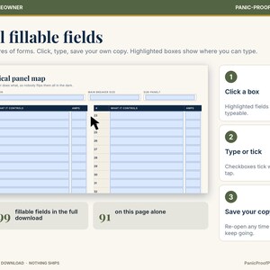 May include: A digital electrical panel map template with fillable fields. The document features columns for panel location, breaker size, and sub-panel details, with numbered rows for circuit identification and a cursor icon indicating interactive boxes.