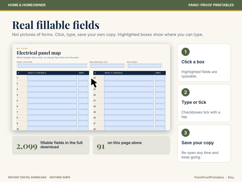 May include: A digital electrical panel map template with fillable fields. The document features columns for panel location, breaker size, and sub-panel details, with numbered rows for circuit identification and a cursor icon indicating interactive boxes.