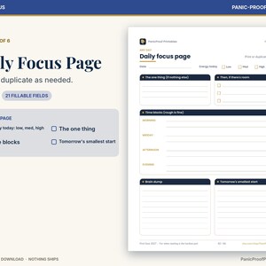 May include: A digital Daily Focus Page planner template featuring sections for date, energy levels, The one thing, time blocks for morning through evening, a brain dump area, and Tomorrow's smallest start, with a side tab index for months.