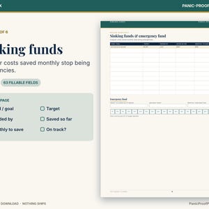 以下が含まれることがあります： Sinking funds & emergency fundというタイトルのデジタル印刷可能なページで、財務目標を追跡するための表が含まれています。レイアウトには、資金、目標、期限、これまでの貯蓄額、月々の貯蓄額、進捗状況の列とトラッカーがあります。