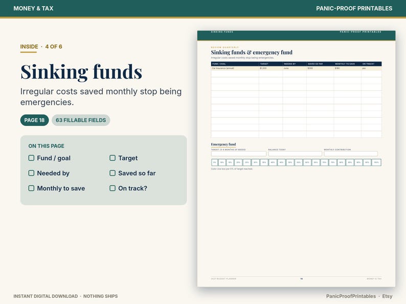 以下が含まれることがあります： Sinking funds & emergency fundというタイトルのデジタル印刷可能なページで、財務目標を追跡するための表が含まれています。レイアウトには、資金、目標、期限、これまでの貯蓄額、月々の貯蓄額、進捗状況の列とトラッカーがあります。