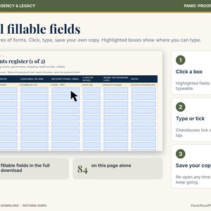 May include: A digital worksheet titled Accounts register with fillable fields for account details, login emails, recovery phone numbers, 2-factor devices, and password locations. Includes instructions to click, type, and save your own copy.