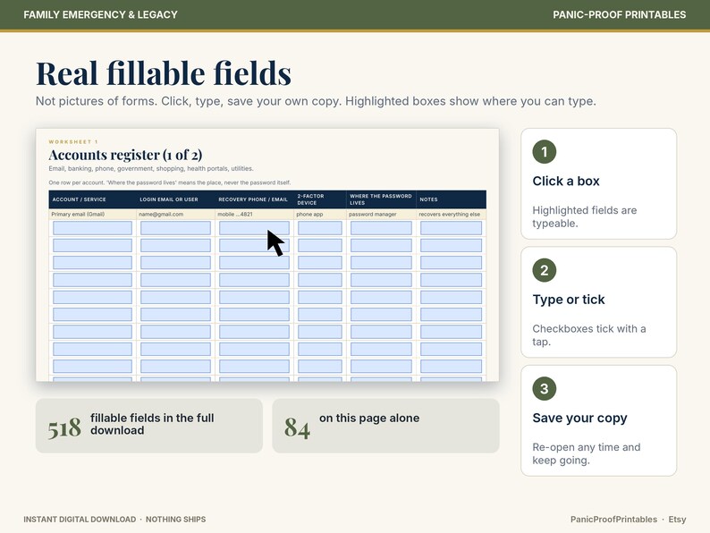 May include: A digital worksheet titled Accounts register with fillable fields for account details, login emails, recovery phone numbers, 2-factor devices, and password locations. Includes instructions to click, type, and save your own copy.