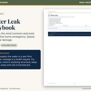 Puede incluir: Una p&aacute;gina imprimible digital de manual para fugas de agua con una lista de verificaci&oacute;n para emergencias dom&eacute;sticas, diez campos rellenables y un cuadro azul oscuro con una secci&oacute;n Panic-Proof Move sobre c&oacute;mo manejar fugas de agua.
