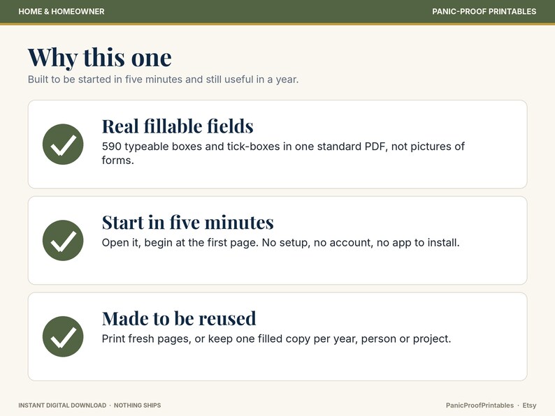 Puede incluir: Una infograf&iacute;a de documento digital titulada Why this one, que presenta tres secciones con iconos de marca de verificaci&oacute;n verde. Destaca 590 campos rellenables, un tiempo de configuraci&oacute;n de cinco minutos y la reutilizaci&oacute;n anual.