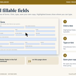 May include: A digital intake form template with light blue fillable fields, featuring text headers like Real fillable fields and instructions for clicking, typing, and saving. The layout includes numbered steps and a count of 94 total fields.