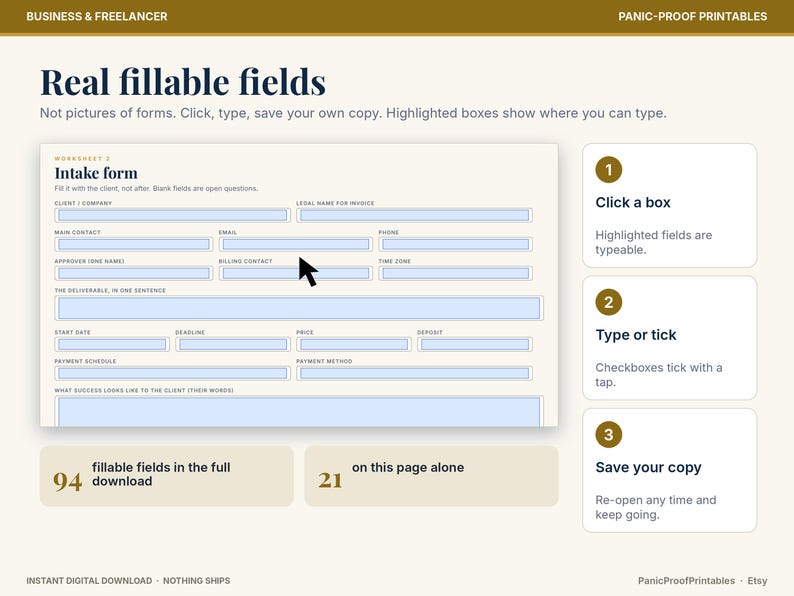 May include: A digital intake form template with light blue fillable fields, featuring text headers like Real fillable fields and instructions for clicking, typing, and saving. The layout includes numbered steps and a count of 94 total fields.