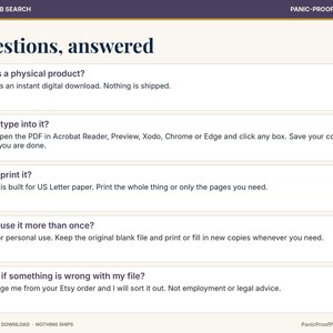 May include: A digital information graphic titled Questions, answered, featuring five FAQs about a digital download. Text includes details on physical products, typing into PDFs, printing on US Letter paper, personal use, and file support.