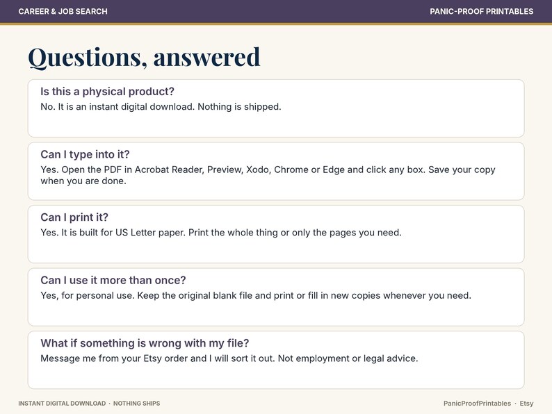 May include: A digital information graphic titled Questions, answered, featuring five FAQs about a digital download. Text includes details on physical products, typing into PDFs, printing on US Letter paper, personal use, and file support.