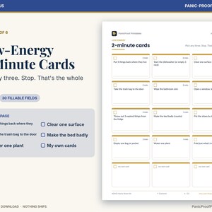 May include: A printable document titled Low-Energy 2-Minute Cards featuring a grid of task boxes with checkboxes. The text includes instructions like Put 5 things back where they live, Start the dishwasher, and Clear one surface.