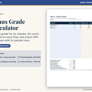Puede incluir: Una plantilla de hoja de c&aacute;lculo Bonus Grade Calculator que incluye una tabla de seguimiento de notas Class 1 con columnas para tareas, peso, puntuaci&oacute;n, puntos ponderados y nota actual, adem&aacute;s de un resumen de GPA.