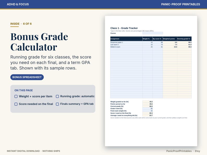 Puede incluir: Una plantilla de hoja de c&aacute;lculo Bonus Grade Calculator que incluye una tabla de seguimiento de notas Class 1 con columnas para tareas, peso, puntuaci&oacute;n, puntos ponderados y nota actual, adem&aacute;s de un resumen de GPA.