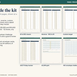 May include: A digital money and tax printable kit featuring six pages including a $1 to $52 classic tracker, reverse $52 to $1 tracker, custom target, 2027 Friday tracker, $1,000 goal grid, and a 100-envelope challenge tracker.