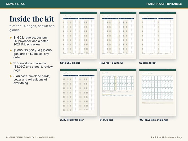 May include: A digital money and tax printable kit featuring six pages including a $1 to $52 classic tracker, reverse $52 to $1 tracker, custom target, 2027 Friday tracker, $1,000 goal grid, and a 100-envelope challenge tracker.