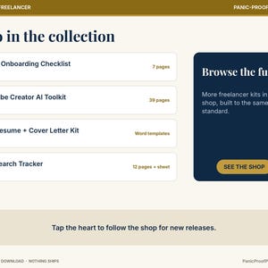 May include: A digital collection menu titled Also in the collection featuring a Client Onboarding Checklist, YouTube Creator AI Toolkit, ATS Resume + Cover Letter Kit, and Job Search Tracker, with a dark blue box labeled Browse the full set.