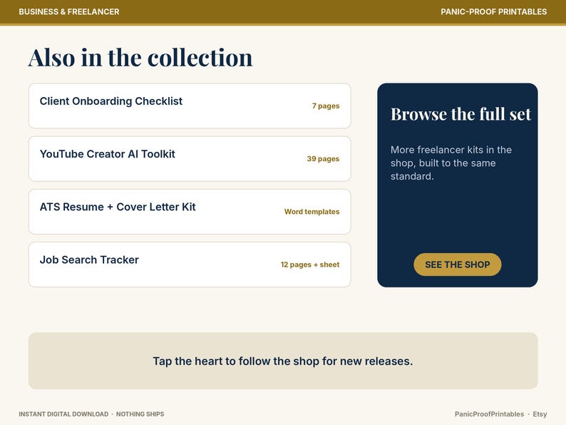 May include: A digital collection menu titled Also in the collection featuring a Client Onboarding Checklist, YouTube Creator AI Toolkit, ATS Resume + Cover Letter Kit, and Job Search Tracker, with a dark blue box labeled Browse the full set.