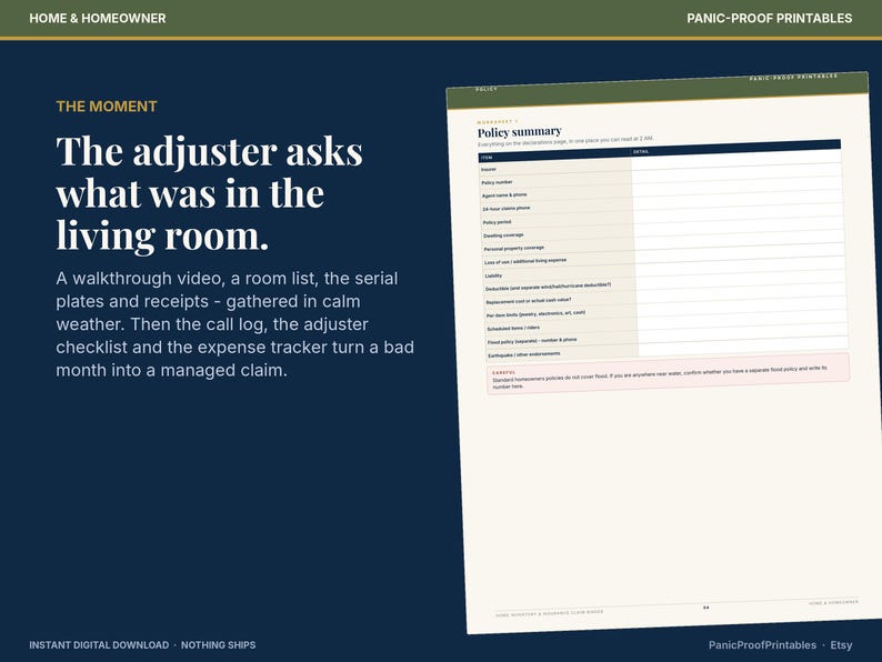 May include: A digital printable worksheet titled Policy summary with a dark blue background and white text. The document includes fields for insurance details like policy number, agent contact, and coverage limits, organized in a table format.