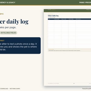 May include: A Sitter daily log printable page featuring a grid with columns for date, sitter arrival, walk taken, water/food, meds & notes, and sitter initials. The document includes the text: Do this first. Ask the sitter to text a photo once a day.