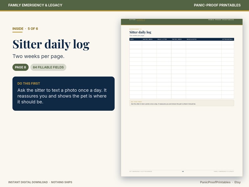 May include: A Sitter daily log printable page featuring a grid with columns for date, sitter arrival, walk taken, water/food, meds & notes, and sitter initials. The document includes the text: Do this first. Ask the sitter to text a photo once a day.