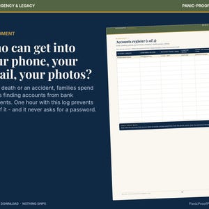 May include: A digital printable document titled Accounts register (1 of 2) with columns for account, login, recovery, device, and password manager. The text asks, Who can get into your phone, your email, your photos? on a dark blue background.