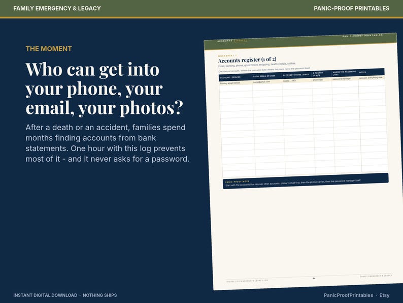 May include: A digital printable document titled Accounts register (1 of 2) with columns for account, login, recovery, device, and password manager. The text asks, Who can get into your phone, your email, your photos? on a dark blue background.