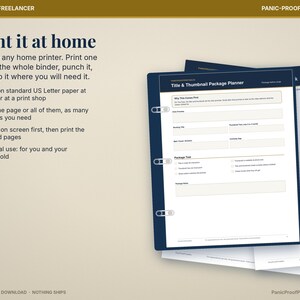 May include: A digital planner template titled Title & Thumbnail Package Planner with fields for chart, booking title, thumbnail text, main cover, and summary. The document is displayed in a dark blue binder with three metal rings on a beige background.