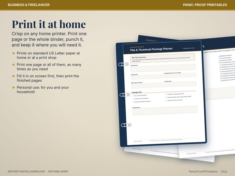 May include: A digital planner template titled Title & Thumbnail Package Planner with fields for chart, booking title, thumbnail text, main cover, and summary. The document is displayed in a dark blue binder with three metal rings on a beige background.