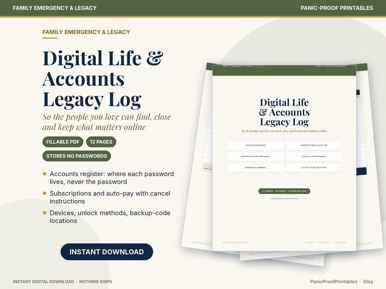 May include: A Digital Life & Accounts Legacy Log printable document featuring 12 pages in a fillable PDF format. The text includes sections for accounts register, subscriptions, auto-pay, devices, unlock methods, and a letter to my executor.
