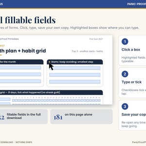 May include: A digital planner interface titled Month plan + habit grid with fillable fields. The layout includes sections for Top 3 for the month, Starts I keep avoiding, and a 31-day habit grid. Instructions show steps to click, type, and save.