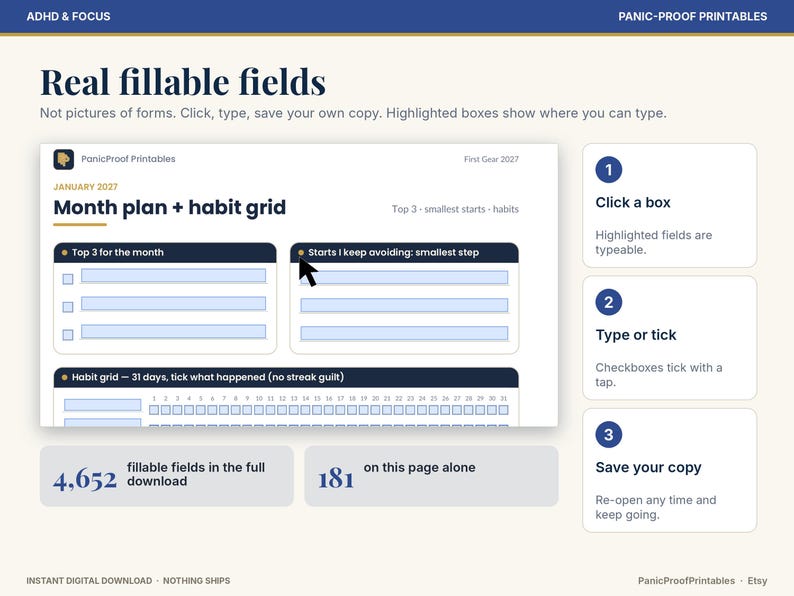 May include: A digital planner interface titled Month plan + habit grid with fillable fields. The layout includes sections for Top 3 for the month, Starts I keep avoiding, and a 31-day habit grid. Instructions show steps to click, type, and save.