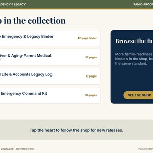 May include: A digital collection menu titled Also in the collection featuring four printable binders: Family Emergency & Legacy Binder, Caregiver & Aging-Parent Medical Binder, Digital Life & Accounts Legacy Log, and Home Emergency Command Kit.