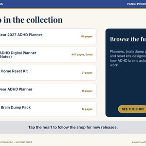 以下が含まれることがあります： Also in the collectionと題されたデジタル製品リスト。First Gear 2027 ADHD Planner、2027 ADHD Digital Planner、ADHD Home Reset Kit、First Gear ADHD Planner、ADHD Brain Dump Packがページ数と共に記載され、See the Shopボタンが表示されています。