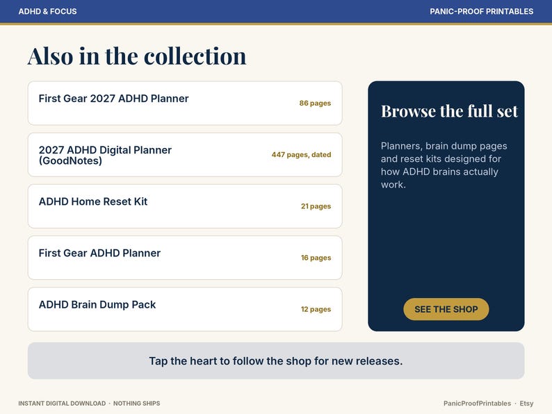 以下が含まれることがあります： Also in the collectionと題されたデジタル製品リスト。First Gear 2027 ADHD Planner、2027 ADHD Digital Planner、ADHD Home Reset Kit、First Gear ADHD Planner、ADHD Brain Dump Packがページ数と共に記載され、See the Shopボタンが表示されています。