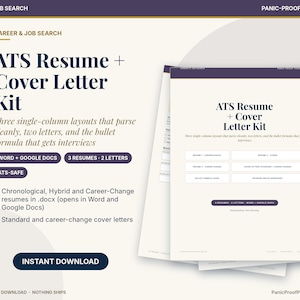 Peut inclure: Un kit numérique de CV et lettre de motivation ATS comprenant trois mises en page à colonne unique, deux lettres et un guide de formules à puces. Compatible avec Word et Google Docs, ce kit est certifié ATS-safe et disponible en téléchargement.