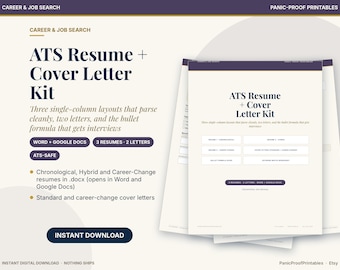 May include: A digital ATS Resume and Cover Letter Kit featuring three single-column layouts, two letters, and a bullet formula guide. The document set is compatible with Word and Google Docs, labeled as ATS-safe, and available for instant download.