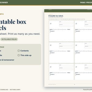 May include: A digital template for printable box labels featuring six individual label sections per sheet. Each label includes fields for room, contents, priority, fragile status, and this side up, with the text Printable box labels.