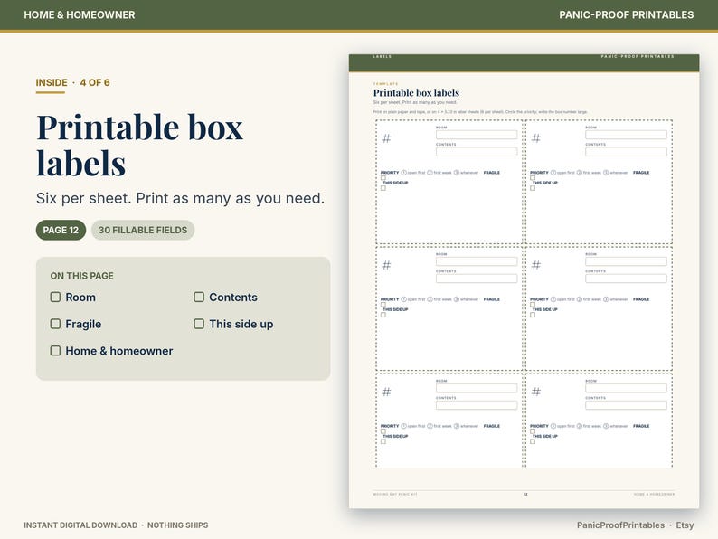 May include: A digital template for printable box labels featuring six individual label sections per sheet. Each label includes fields for room, contents, priority, fragile status, and this side up, with the text Printable box labels.