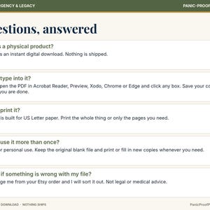 Może przedstawiać: Cyfrowa infografika zatytułowana Questions, answered z ciemnozielonym nagł&oacute;wkiem FAMILY EMERGENCY & LEGACY oraz PANIC-PROOF PRINTABLES. Zawiera pięć najczęściej zadawanych pytań dotyczących pobierania i drukowania plik&oacute;w.