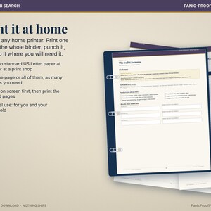 May include: A digital printable career and job search planner with a dark blue border and three-hole punch layout. The page features the text 'The bullet formula' and various fillable sections for tracking tasks, goals, and professional information.