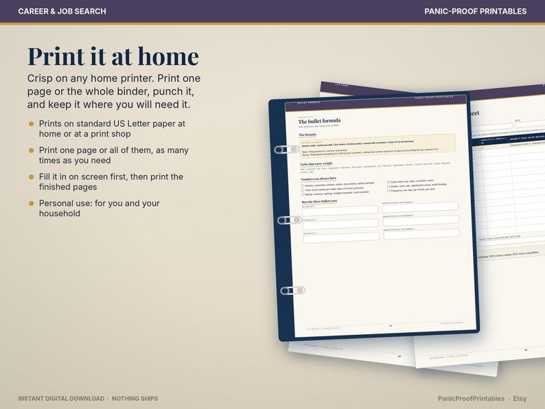 May include: A digital printable career and job search planner with a dark blue border and three-hole punch layout. The page features the text 'The bullet formula' and various fillable sections for tracking tasks, goals, and professional information.