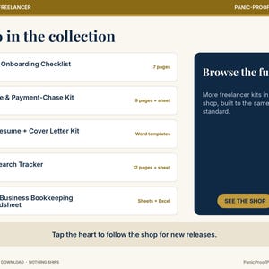 May include: A digital graphic listing business and freelancer printables including a Client Onboarding Checklist, Invoice and Payment-Chase Kit, ATS Resume and Cover Letter Kit, Job Search Tracker, and Small Business Bookkeeping Spreadsheet.
