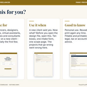 May include: A digital document titled Client Onboarding Checklist with three sections labeled Made for, Use it when, and Good to know. The text outlines instructions for freelancers, designers, and consultants to manage new client intake and project scopes.
