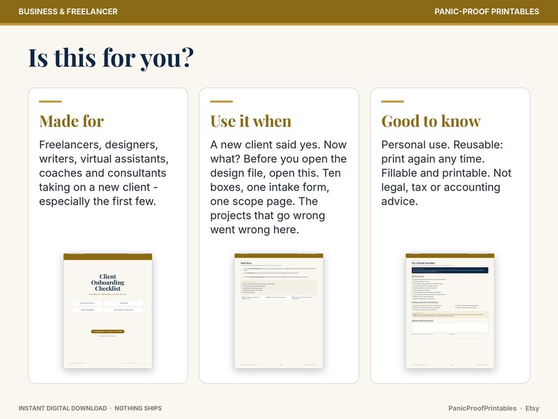 May include: A digital document titled Client Onboarding Checklist with three sections labeled Made for, Use it when, and Good to know. The text outlines instructions for freelancers, designers, and consultants to manage new client intake and project scopes.