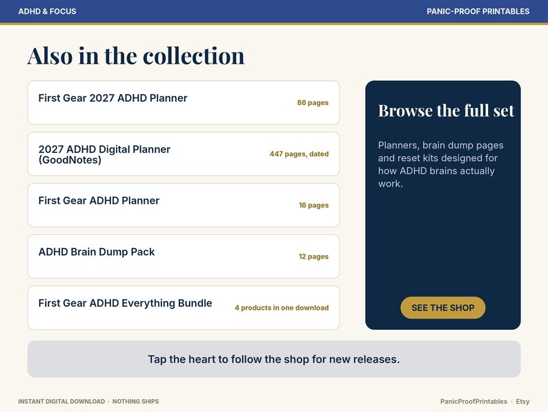 May include: A digital product list titled Also in the collection featuring First Gear 2027 ADHD Planner, 2027 ADHD Digital Planner, First Gear ADHD Planner, ADHD Brain Dump Pack, and First Gear ADHD Everything Bundle with page counts.