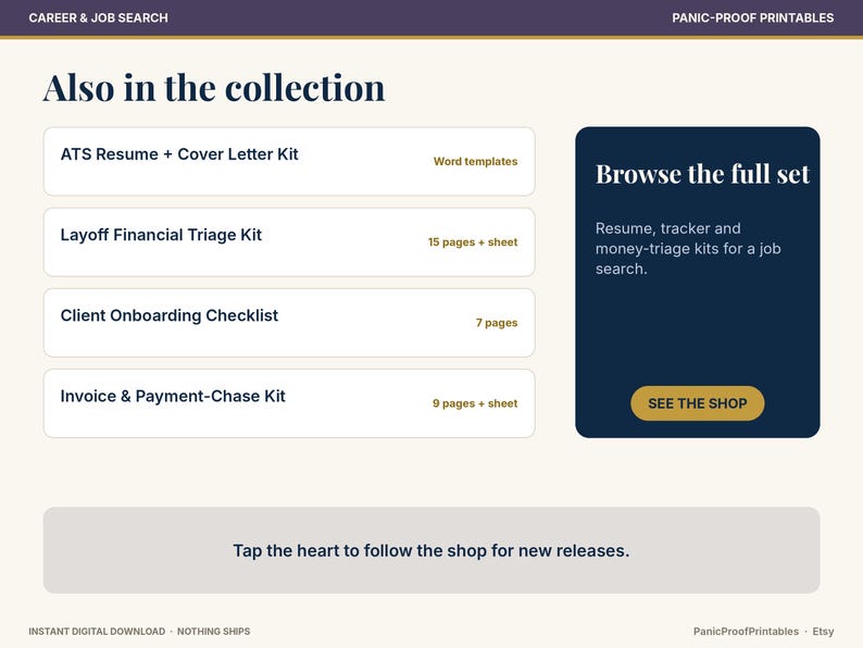 May include: A digital collection menu titled Also in the collection featuring ATS Resume + Cover Letter Kit, Layoff Financial Triage Kit, Client Onboarding Checklist, and Invoice & Payment-Chase Kit with a dark blue Browse the full set box.