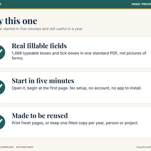 May include: A digital document titled Why this one, featuring three sections with dark green checkmarks. It highlights 1,468 typeable fields, a five-minute setup time, and reusability for annual projects, all presented in a standard PDF format.