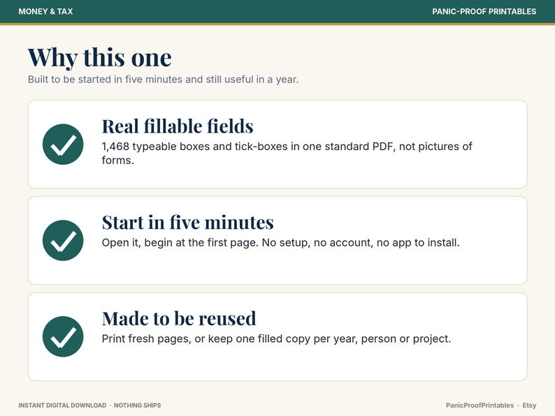May include: A digital document titled Why this one, featuring three sections with dark green checkmarks. It highlights 1,468 typeable fields, a five-minute setup time, and reusability for annual projects, all presented in a standard PDF format.
