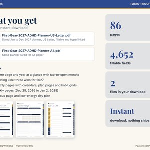 May include: A digital ADHD and focus planner set featuring 86 pages and 4,652 fillable fields. Includes two PDF files for US Letter and A4 paper sizes. The layout contains a start-here page, yearly overview, 12 monthly calendars, 53 weekly pages, and daily focus templates.